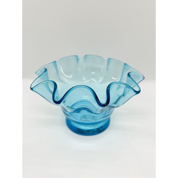 Handblown Glass Bowl Ruffle Edge Blue Candy Dish Aqua Vase Planter Handmade - Picture 3 of 9